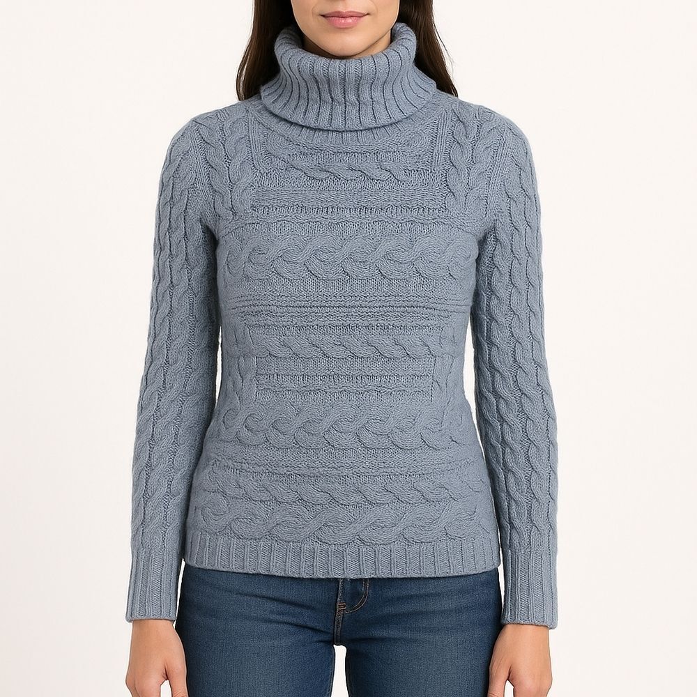 Banana Republic Womens Blue Gray Cable Knit Turtleneck Sweater Size Xs Preppy
